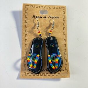 Vintage Black Peace Sign Earrings with Multicolor Beads